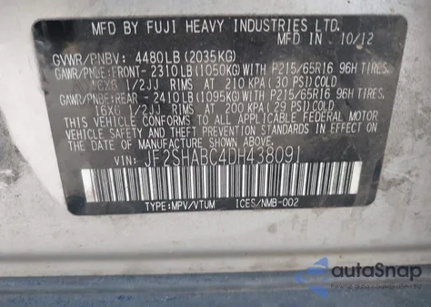 2013 Subaru Forester z USA, uszkodzony, nr VIN JF2SHABC4DH438091